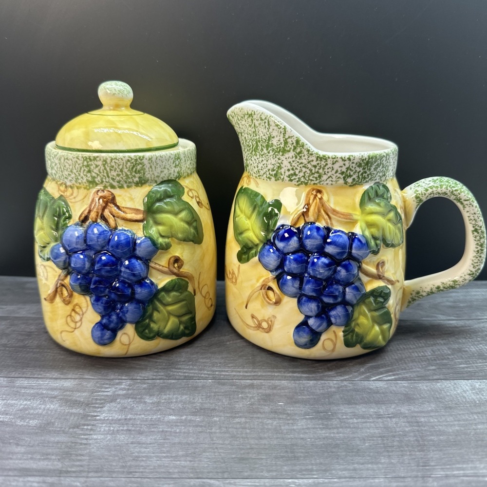 Panware Home Essentials Grapevine Creamer And Sugar With Lid Yellow Green